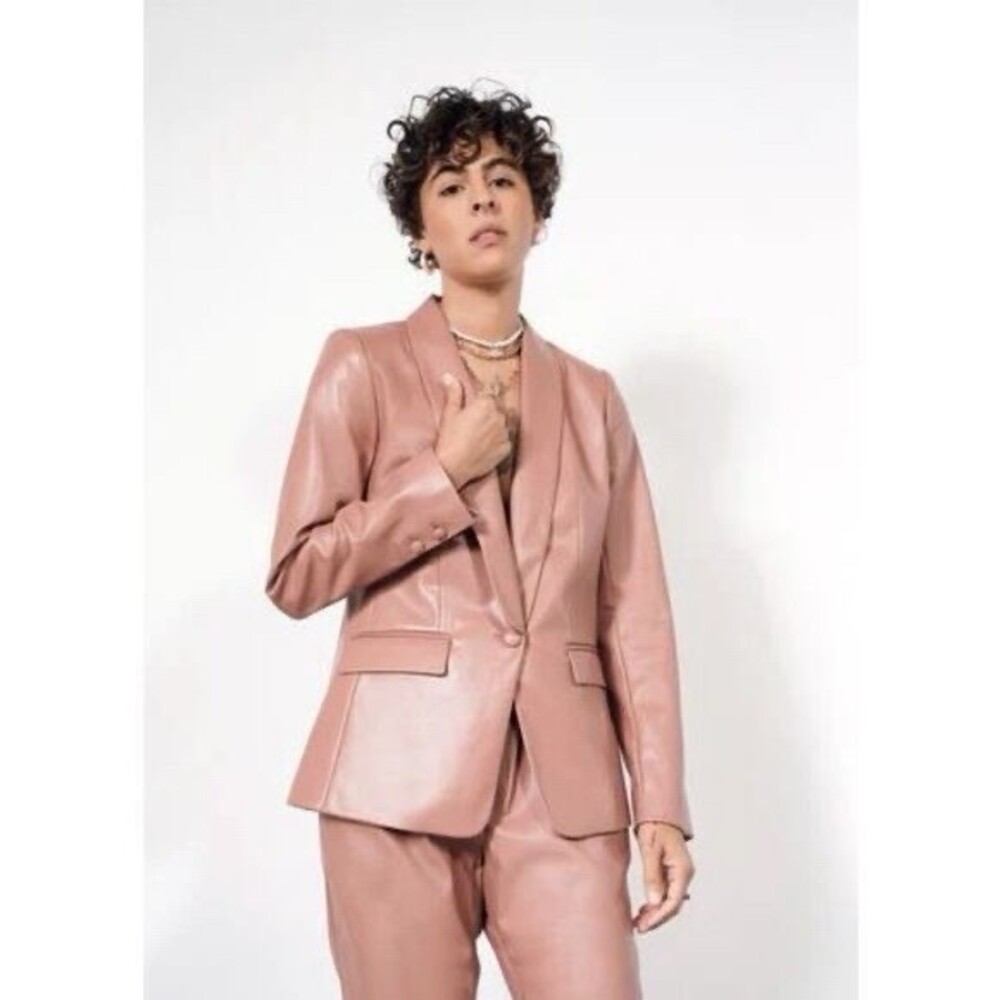 Wildfang Tux Blazer Only Rose Brown Button Front Vegan Leather Jacket